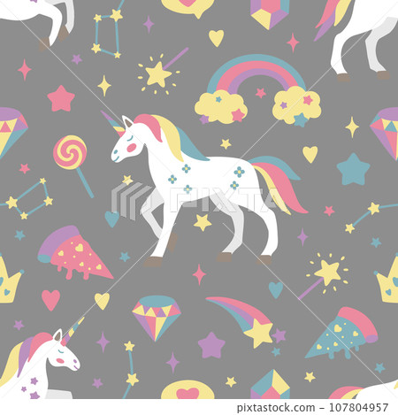 Seamless vector pattern with cute unicorns on a floral background. Ideal for textiles, wallpapers or prints. Seamless vector pattern with cute unicorns on a floral background. Ideal for textiles, wallpapers or prints. 107804957