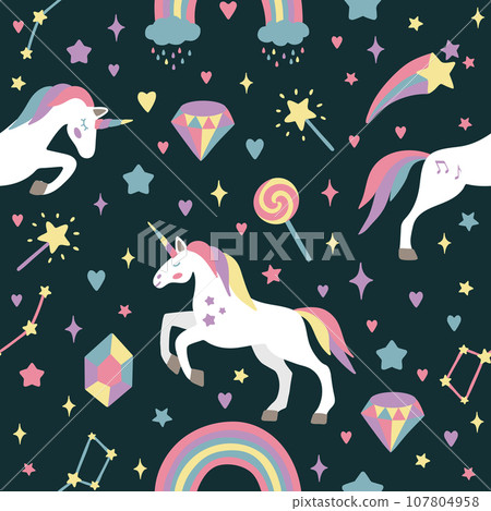 Seamless vector pattern with cute unicorns on a floral background. Ideal for textiles, wallpapers or prints. 107804958