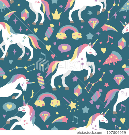 Seamless vector pattern with cute unicorns on a floral background. Ideal for textiles, wallpapers or prints. 107804959