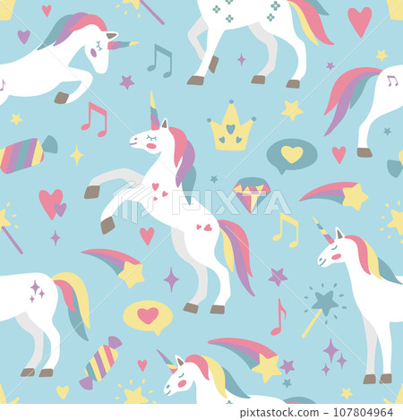 Seamless vector pattern with cute unicorns on a floral background. Ideal for textiles, wallpapers or prints. Seamless vector pattern with cute unicorns on a floral background. Ideal for textiles, wallpapers or prints. 107804964