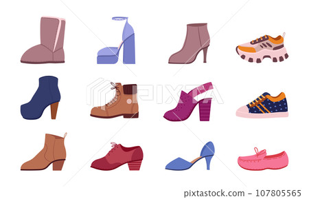 Female footwear. Cartoon shoes and boots, sneakers, heels and sandals flat vector illustrations set. Trendy footwear collection 107805565