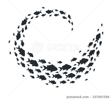 Fish swimming group. Exotic fish shoal, tropical underwater coral reef fauna flat vector illustration. Fish shoal silhouette Fish swimming group. Exotic fish shoal, tropical underwater coral reef fauna flat vector illustration. Fish shoal silhouette 107805566