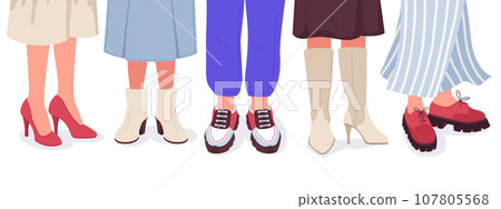 Human legs wearing shoes. Cartoon people wear casual boots, leather loafers and sneakers, trendy male and female outfits. Fashion footwear flat vector illustration set Human legs wearing shoes. Cartoon people wear casual boots, leather loafers and sneakers, trendy male and female outfits. Fashion footwear flat vector illustration set 107805568