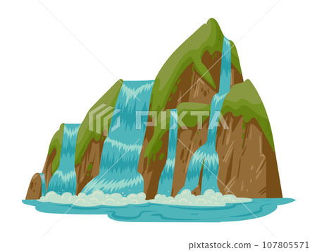 Streaming waterfall. Cartoon water cascade, mountain river waterfall landscape flat vector illustration. Wild nature waterfall Streaming waterfall. Cartoon water cascade, mountain river waterfall landscape flat vector illustration. Wild nature waterfall 107805571
