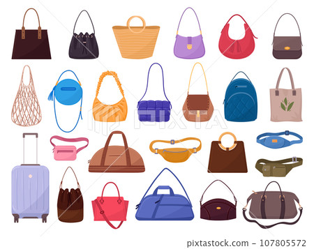 Stylish woman bags. Casual leather bags, shopper, satchel, tote, purse and waist bags, fashionable women accessories flat vector illustration set. Modern female accessory collection 107805572
