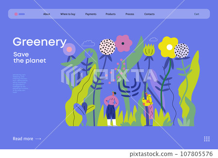 Greenery, ecology -modern flat vector concept illustration of tiny people in the grass, surrounded by plants and flowers. Metaphor of environmental sustainability and protection, closeness to nature Greenery, ecology -modern flat vector concept illustration of tiny people in the grass, surrounded by plants and flowers. Metaphor of environmental sustainability and protection, closeness to nature 107805576