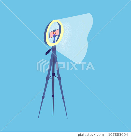 Cartoon Color Led Ring Lamp and Monopod Concept Flat Design Style. Vector illustration of Phone Holder for Live Stream 107805604