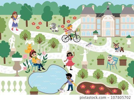 Vector Luxembourg garden in Paris landscape illustration with people and animals. French capital city park scene with palace, benches, chairs, sculptures, pond, trees. Cute France background 107805702