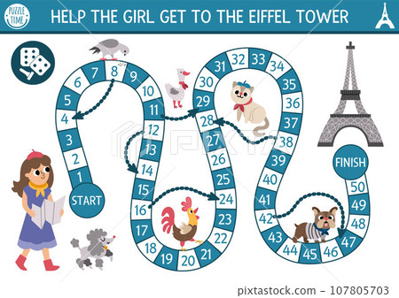 France dice board game for children with tourist girl with map going to Eiffel Tower. French boardgame with traditional symbols, animals. Printable touristic activity, worksheet for kids with Paris France dice board game for children with tourist girl with map going to Eiffel Tower. French boardgame with traditional symbols, animals. Printable touristic activity, worksheet for kids with Paris 107805703