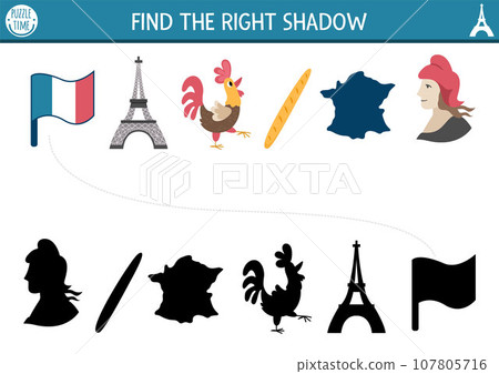 France shadow matching activity. French puzzle with Marianne, map, Eiffel Tower, rooster, baguette. Find correct silhouette printable worksheet. Funny page for kids with traditional symbols France shadow matching activity. French puzzle with Marianne, map, Eiffel Tower, rooster, baguette. Find correct silhouette printable worksheet. Funny page for kids with traditional symbols 107805716