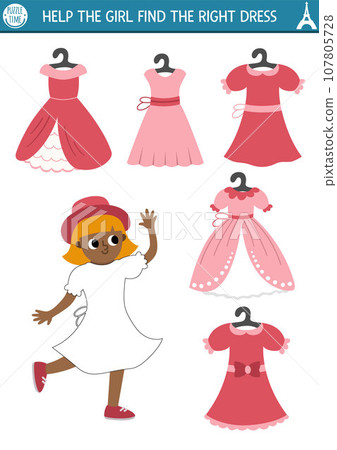 France matching activity. Puzzle with girl in pink dress. Find correct clothes printable worksheet. Funny page for kids with woman in hat and beautiful gown 107805728