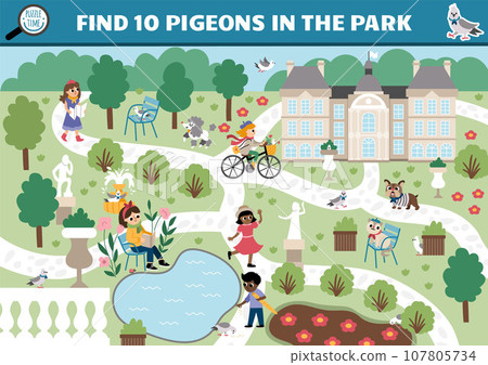 Vector French searching game with city landscape, park, people, animals. Spot hidden pigeons in the picture. Simple France seek and find educational printable activity for kids Vector French searching game with city landscape, park, people, animals. Spot hidden pigeons in the picture. Simple France seek and find educational printable activity for kids 107805734