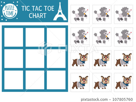 Vector France tic tac toe chart with poodle and bulldog. Board game playing field. Funny French printable worksheet. Noughts and crosses grid with cute animal characters Vector France tic tac toe chart with poodle and bulldog. Board game playing field. Funny French printable worksheet. Noughts and crosses grid with cute animal characters 107805760