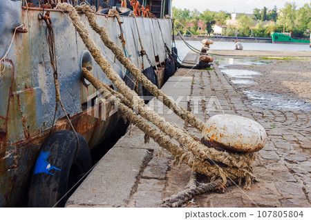close-up of a fishing boat moored close-up of a fishing boat moored 107805804