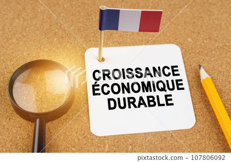 On the table is the flag of France and a sheet of paper with the inscription - sustainable economic growth 107806092