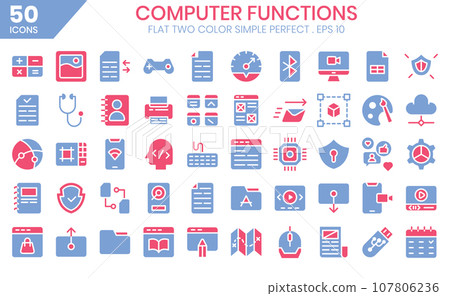 computer function flat two color icons set.The collection includes of business developments ,programing , web design,app design and more. 107806236