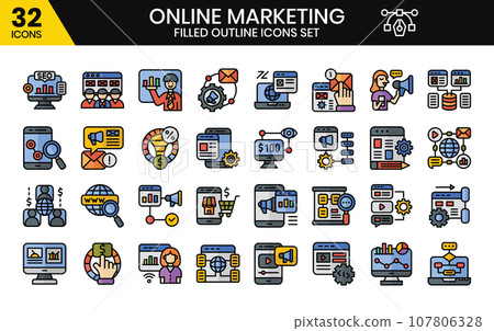 Online marketing filled outline icons set. The collection includes business and development, programming, web design, app design, and more. Online marketing filled outline icons set. The collection includes business and development, programming, web design, app design, and more. 107806328