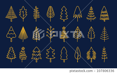 Set of vector abstract Christmas trees. Gold vintage hand-drawn vector collection 107806336