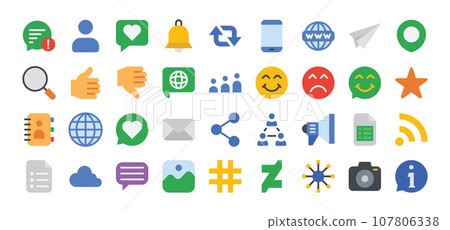 Social Media and Network flat icons set. Social media, social network, chat, message, blog icon collection. Vector icons set. 107806338