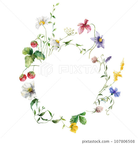 Watercolor floral frame of meadow flowers, poppies, cornflowers, chamomiles, clover and raspberries. Hand painted illustration isolated on white background. For design, print, fabric or background. Watercolor floral frame of meadow flowers, poppies, cornflowers, chamomiles, clover and raspberries. Hand painted illustration isolated on white background. For design, print, fabric or background. 107806508