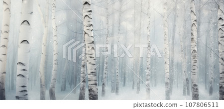 White landscape panorama of winter forest with tall birch trees in soft mist and falling snowflakes White landscape panorama of winter forest with tall birch trees in soft mist and falling snowflakes 107806511