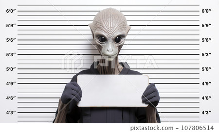 Close-up mugshot of a tall alien figure holding a blank name sign 107806514