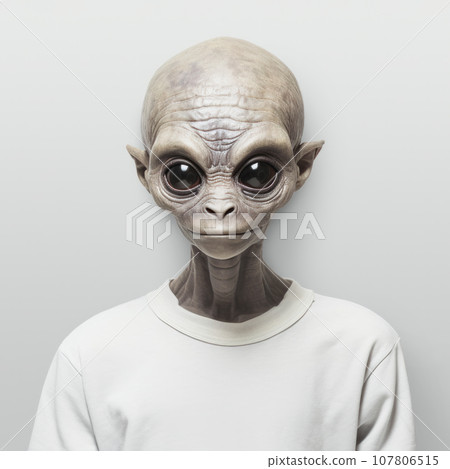 Headshot of an alien creature with grey skin wearing white t-shirt Headshot of an alien creature with grey skin wearing white t-shirt 107806515