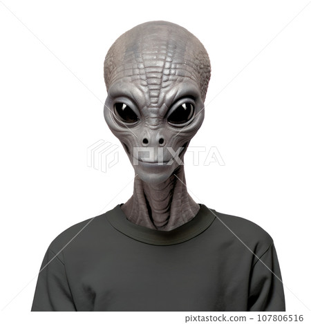 Headshot of an alien being with grey skin and big eyes wearing t-shirt isolated on white 107806516
