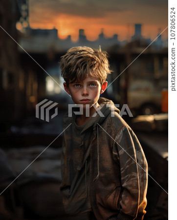 A boy with messy hair stands against the backdrop of an poor urban district at sunset A boy with messy hair stands against the backdrop of an poor urban district at sunset 107806524