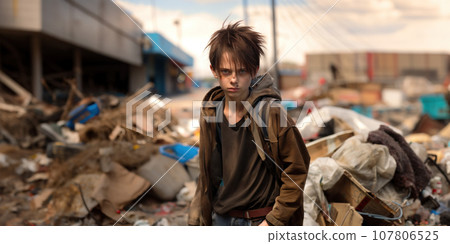 Boy with messy hair stands in front of panorama of trash piles in dystopian urban slum Boy with messy hair stands in front of panorama of trash piles in dystopian urban slum 107806525