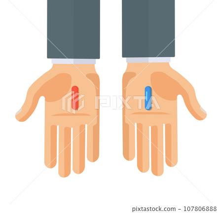 Hands with red and blue pills. Choice metaphor. Flat style concept vector illustration isolated on white. Hands with red and blue pills. Choice metaphor. Flat style concept vector illustration isolated on white. 107806888