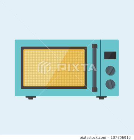 Colorful microwave oven flat style vector illustration isolated on lite blue background. Electric kitchen appliance to heat, preparing food, cooking. Colorful microwave oven flat style vector illustration isolated on lite blue background. Electric kitchen appliance to heat, preparing food, cooking. 107806913