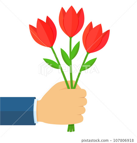 Businessman hand holding a bouquet of red tulip flowers. Flat cartoon style vector colorful illustration isolated on white background. Businessman hand holding a bouquet of red tulip flowers. Flat cartoon style vector colorful illustration isolated on white background. 107806918