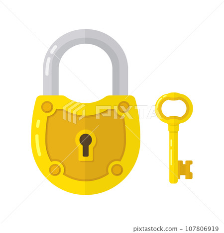 Golden vintage flat style padlock and key vector illustration isolated on white. Security concept. Golden vintage flat style padlock and key vector illustration isolated on white. Security concept. 107806919