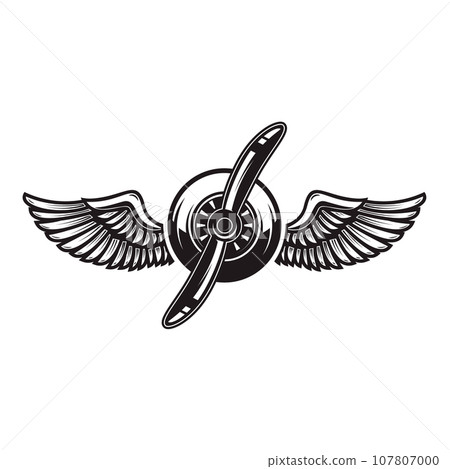 Airplane propeller with bird wings. Design element for logo, label, sign, emblem. Vector illustration Airplane propeller with bird wings. Design element for logo, label, sign, emblem. Vector illustration 107807000