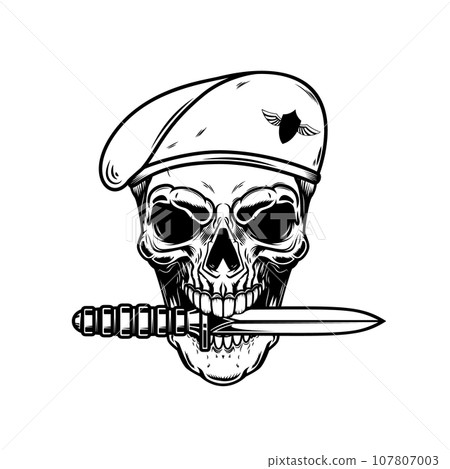 Illustration of paratrooper skull with knife in teeth. Design element for logo, label, sign, emblem. Vector illustration 107807003