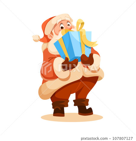 Funny Santa Character with White Beard and Red Hat Hold Gift Box Vector Illustration 107807127
