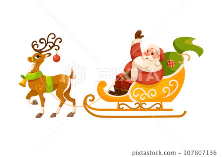 Funny Santa Character with White Beard and Red Hat Ride Sledge with Reindeer Vector Illustration 107807136