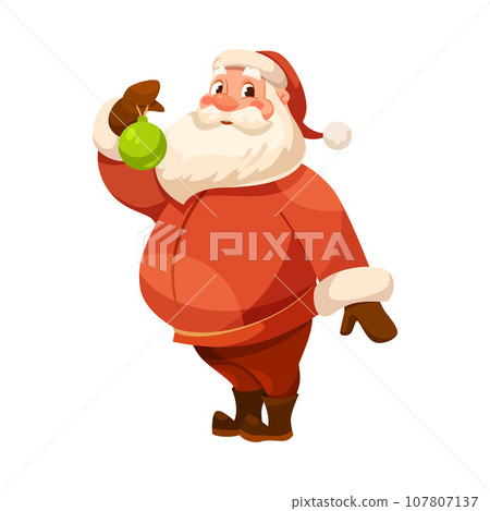 Funny Santa Character with White Beard and Red Hat Hold Bauble Vector Illustration 107807137