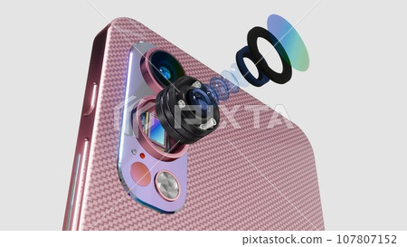 Pink gold smartphone cameras close up with metallic finish, lens exploded view, futuristic 3D rendering 107807152