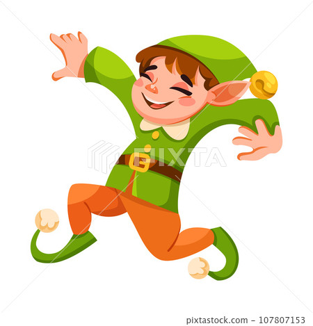 Funny Boy Elf Character with Pointed Ears Jump with Joy Vector Illustration 107807153