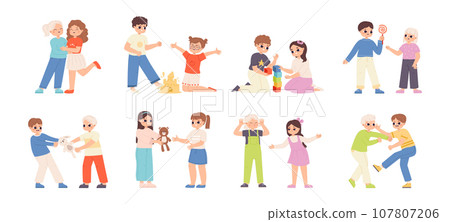 Bad and good behavior children. Cute toddlers fight and mischief, aggressive abusing. Kids well mannered and polite, snugly vector characters Bad and good behavior children. Cute toddlers fight and mischief, aggressive abusing. Kids well mannered and polite, snugly vector characters 107807206