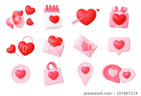 3d love icons. Social media various symbols with hearts. Message, megaphone and speech bubbles. Valentines day, wedding, romantic pithy vector set 107807214