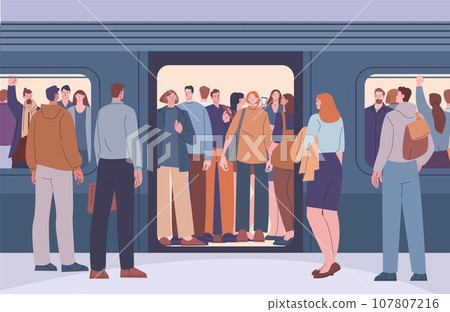 People crowd in subway train. Public transportation peak hours, passengers on metro platform and in railway overcrowded carriage kicky vector scene 107807216