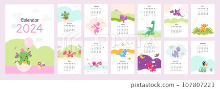 Cartoon dragons calendar. New year monthly posters with various dragon. Cute childish mythology animals characters, nowaday vector posters 107807221