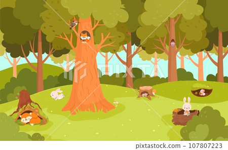 Forest meadow with animal in holes. Woodland animals in burrows sleep and eat. Cute squirrel and woodpecker, sleeping fox, nowaday vector landscape 107807223