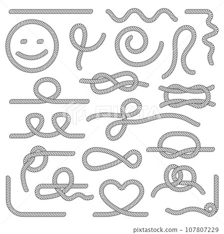 Marine ropes collection. Nautical rope and knots, sea or ocean adventures elements. Decorative brushes, abstract decent vector graphic borders 107807229
