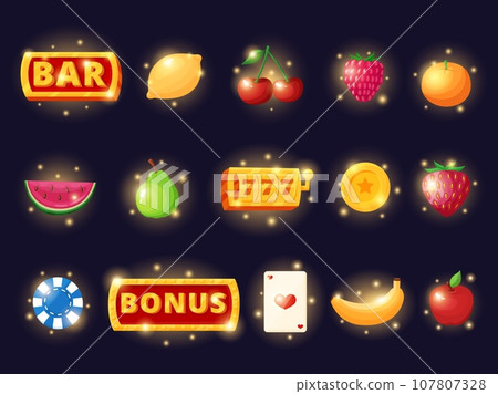 Casino slot icons. Digital gambling app, ui ux design icon. Virtual games signs, user bar buttons. Victory and cherries, bonus nowaday vector collection 107807328