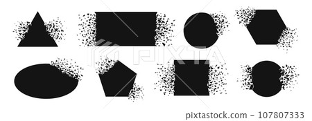 Shape explosion, frame exploded and spray particles. Black square, circle and triangle exploding. Shatter plastic, broken surface racy vector set Shape explosion, frame exploded and spray particles. Black square, circle and triangle exploding. Shatter plastic, broken surface racy vector set 107807333