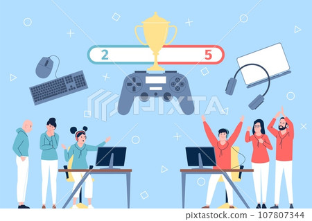 E-sport competition concept. Cyber sport teams tournament, gamers competition or training. Online multiplayer battle on computers recent vector scene 107807344
